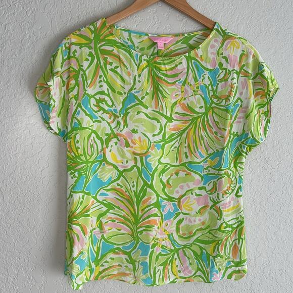 Lilly Pulitzer Guava Elephant Ear Silk Top Tropical Hawaiian Summer Vacation - Picture 2 of 8